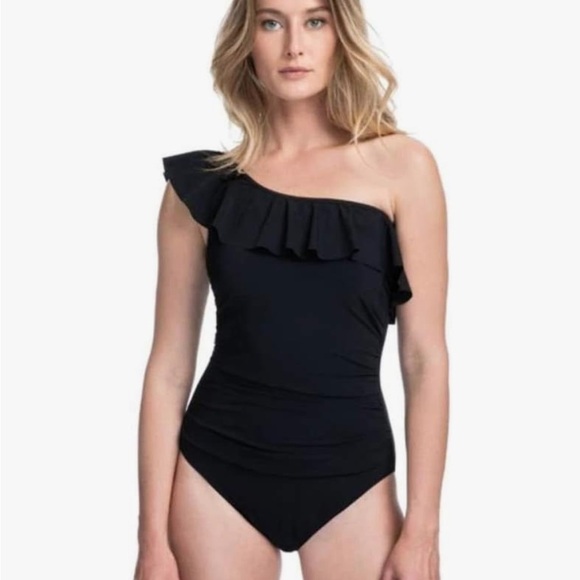 🌻NEW NWOT Profile by Gottex Black Ruffle Shoulder One Piece Swimsuit Size 16 - Picture 1 of 10